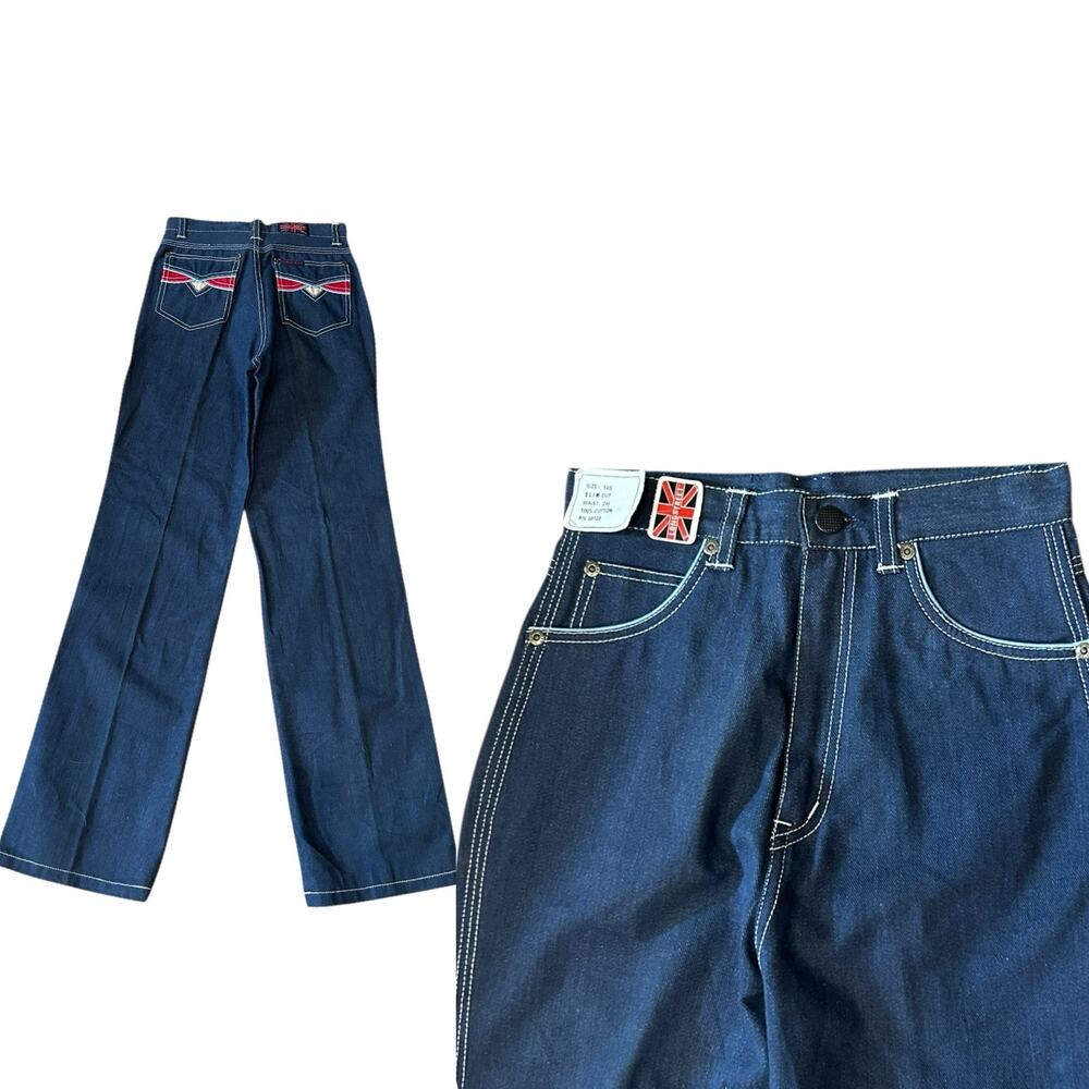 Vintage 70s Jeans Union Jack Patch Dark Wash Denim / Waist 24” Slim Cut -